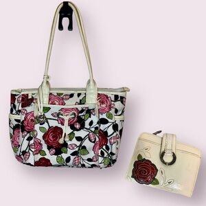 Brighton Canvas Rose Print Shoulder Bag And Matching Bifold Wallet White Red